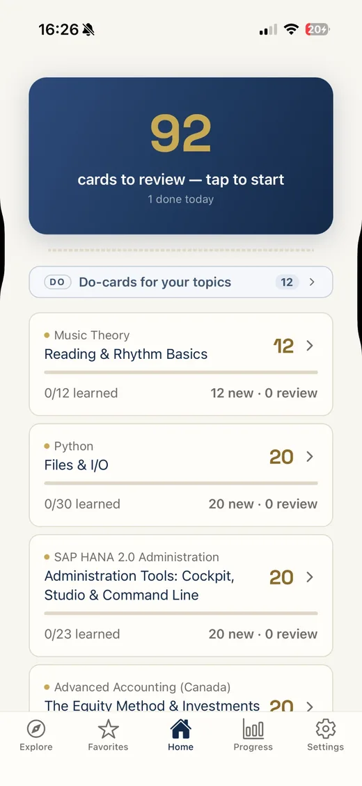 KnowCard home screen showing cards due for review across topics
