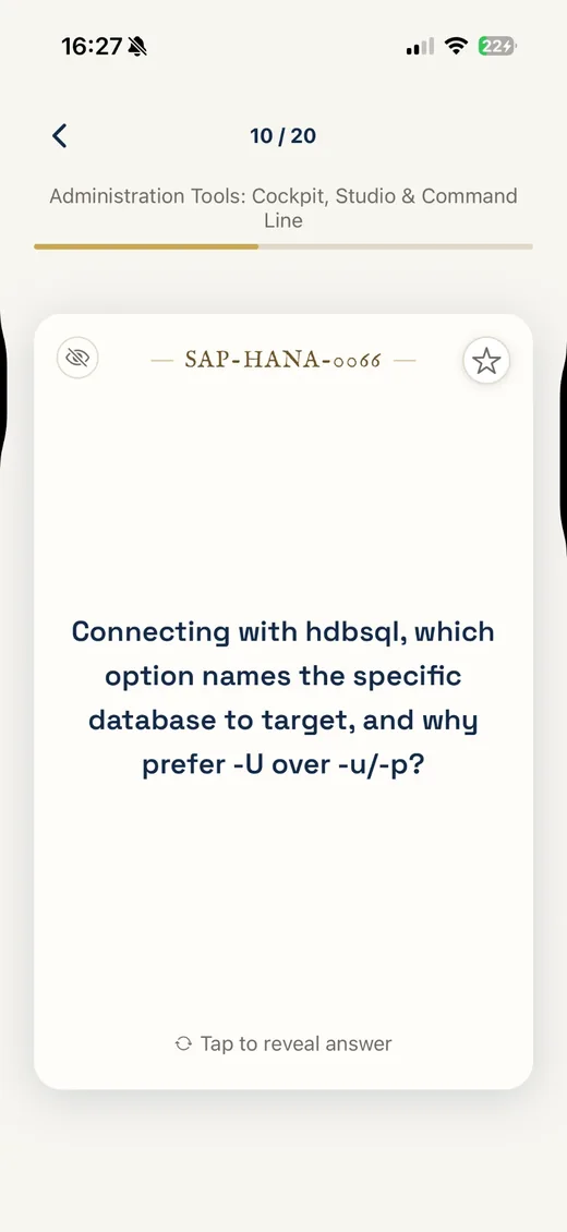 A scenario-style SAP HANA question on a KnowCard flashcard