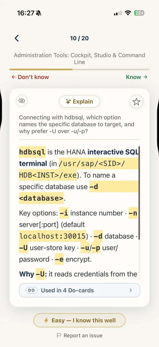 The revealed answer with commands and parameters highlighted