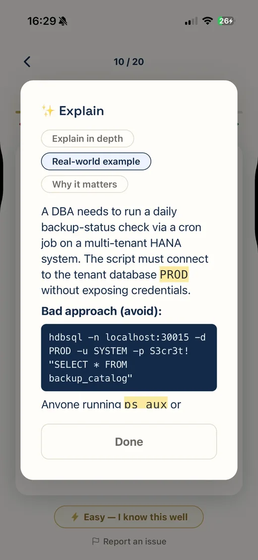 AI explanation showing a real-world example with a code block