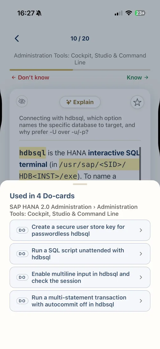 A knowledge card linked to four Do-cards for the same topic